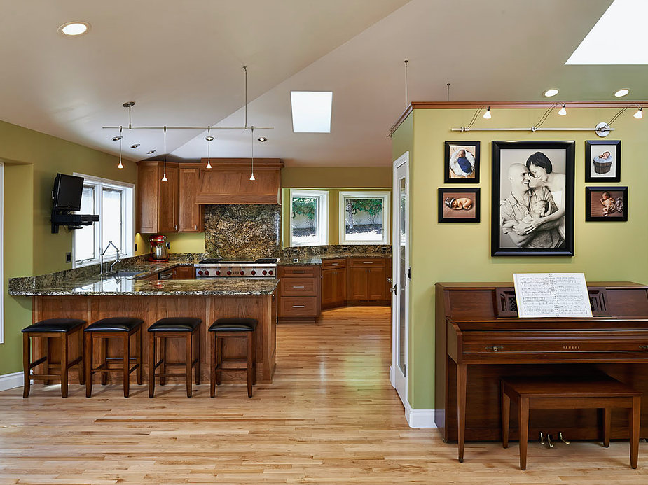 Opening the ceilings and installing skylights was part of this kitchen remodel by W.L. Construction in Corvallis, Oregon.