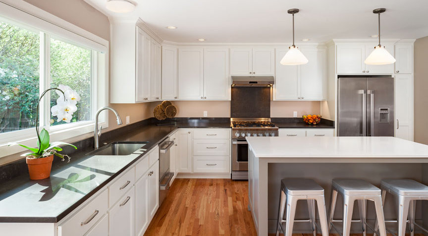 From fixer-upper to new modern kitchen with new windows and custom cabinets, as remodeled by W.L. Construction in Corvallis, Oregon.