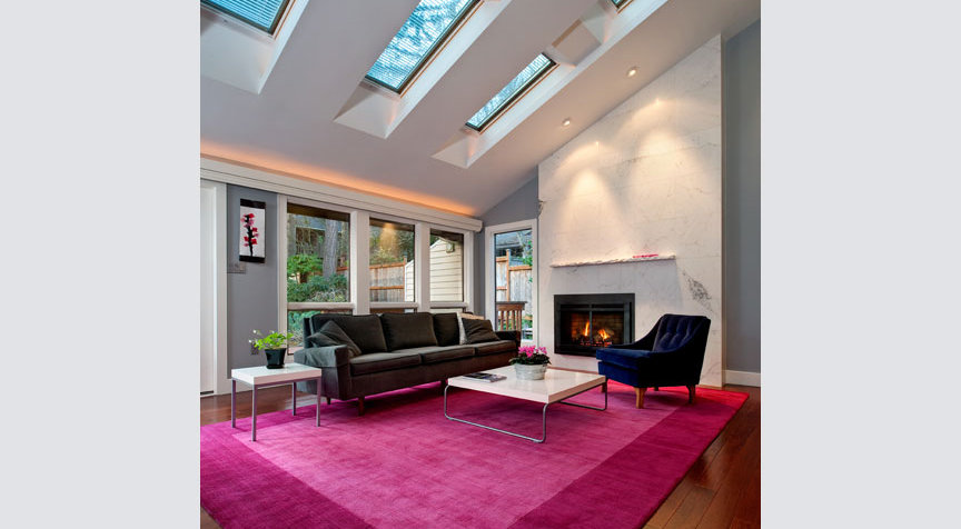 Living room remodel with skylights by Lars Campos of W.L. Construction, Inc., in Corvallis, Oregon.