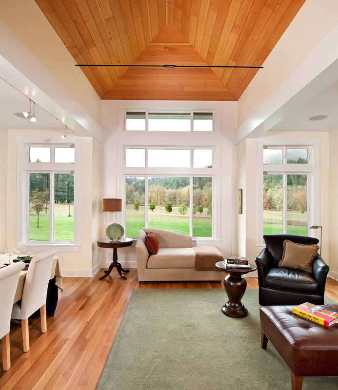 Gorgeous ceiling paneling was made from salvaged Columbia River boom logs.